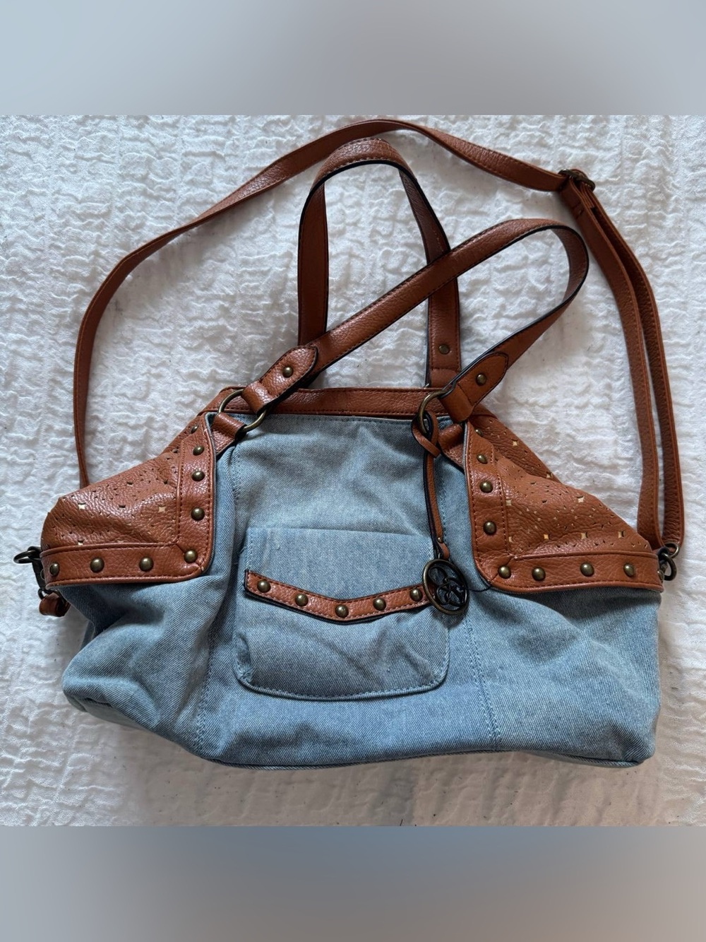 Women’s Denim Tote with Brown Trim - Stylish Everyday Bag